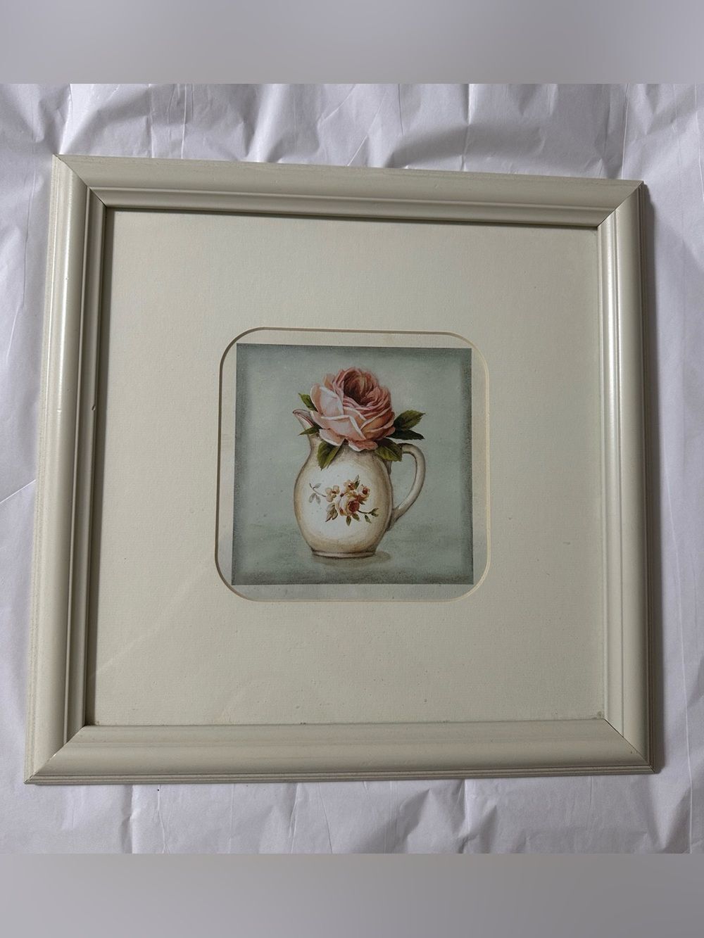 Vintage Pastel Green Ivory Wooden Frame Mixed Media Floral Pitcher Pink Rose